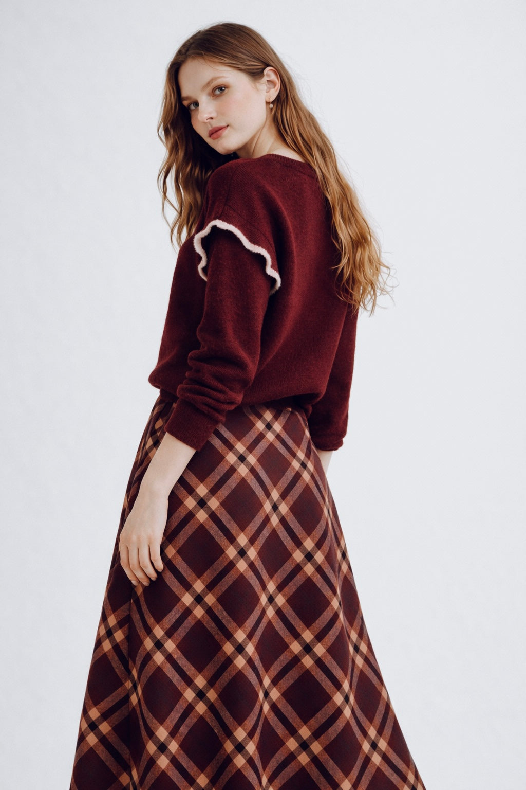 Falda midi de cuadros granate