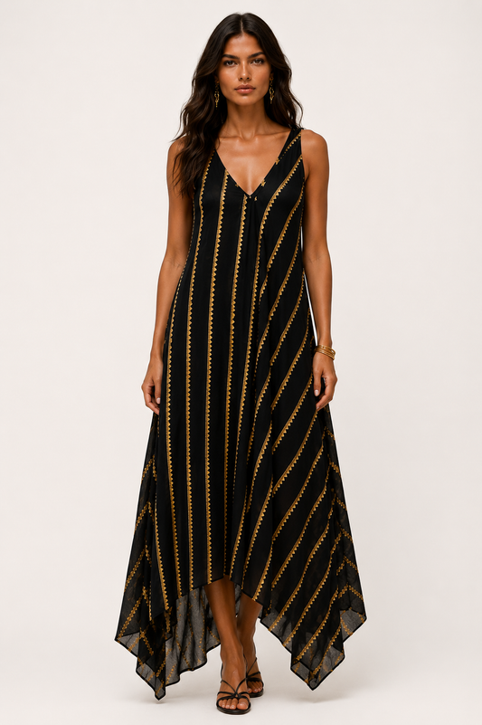 Vestido largo negro dorado