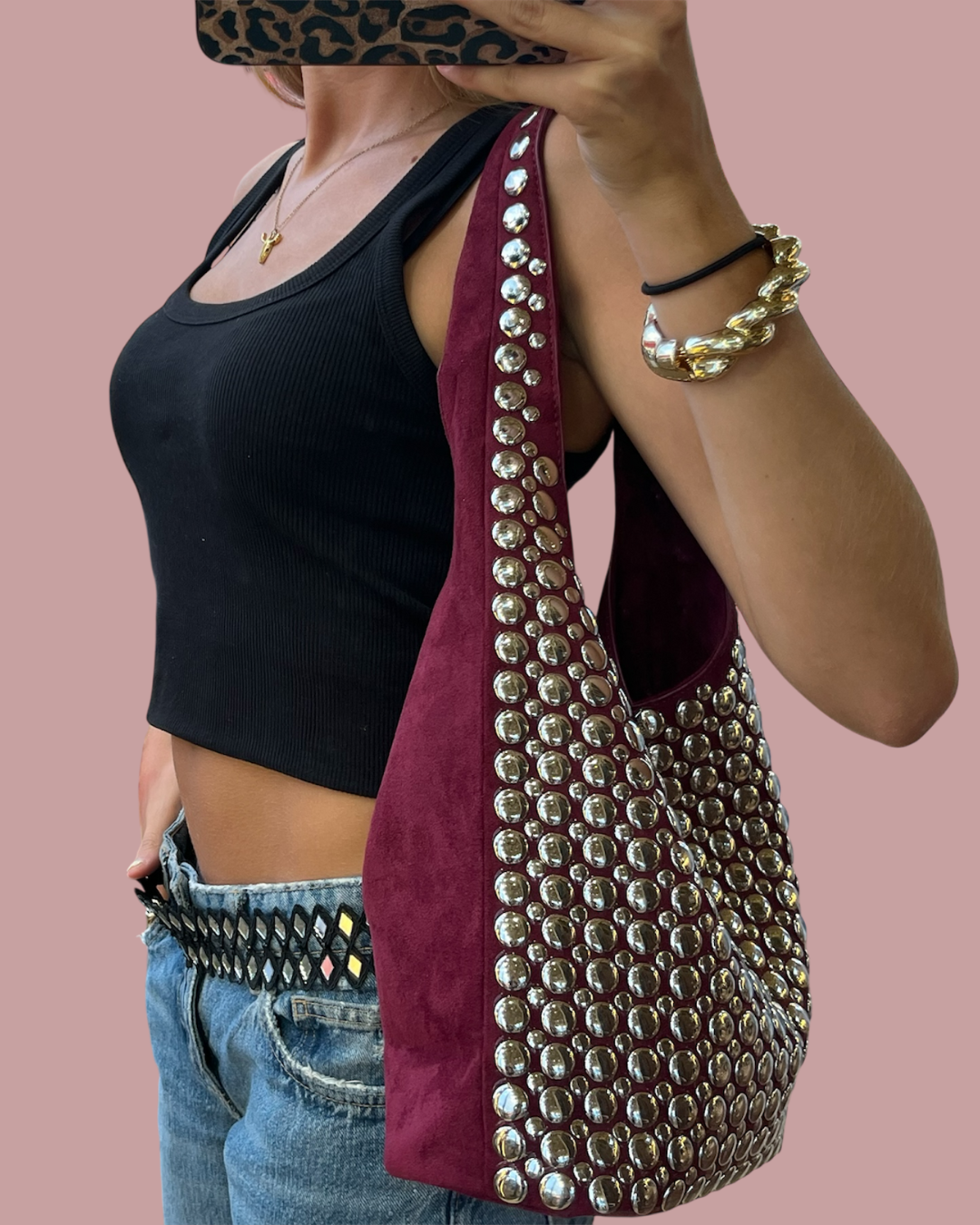 Bolso Maxi Tachuelas Plateadas - Burdeos