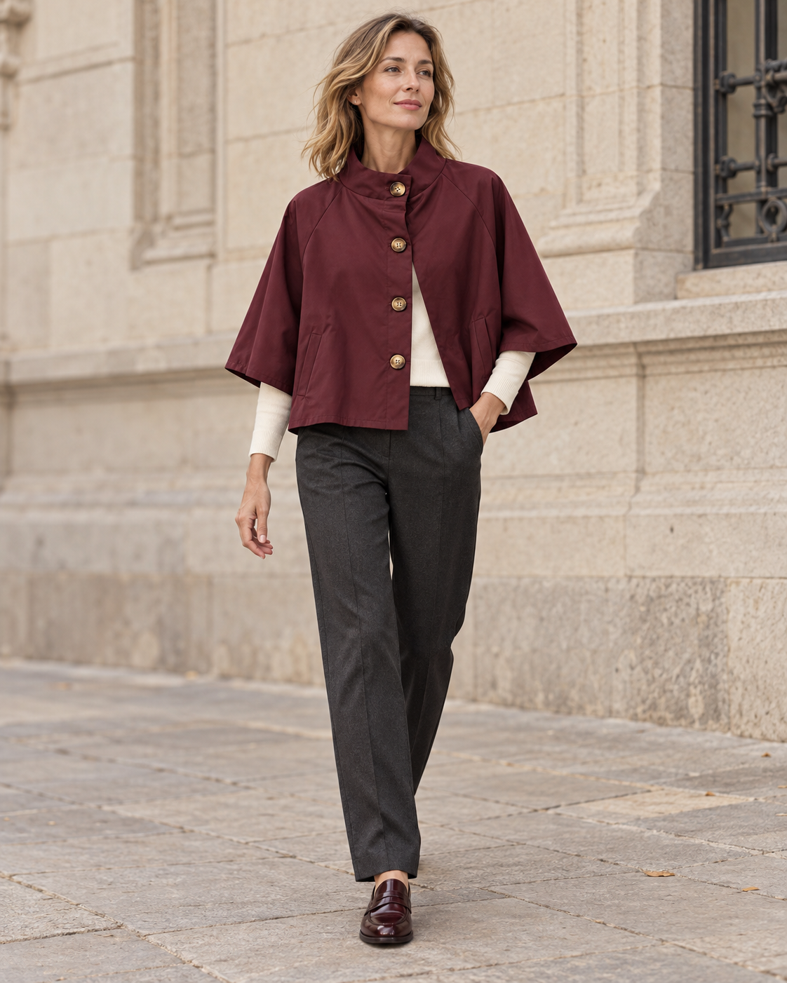 Modelo con chaqueta capa ligera granate de mujer