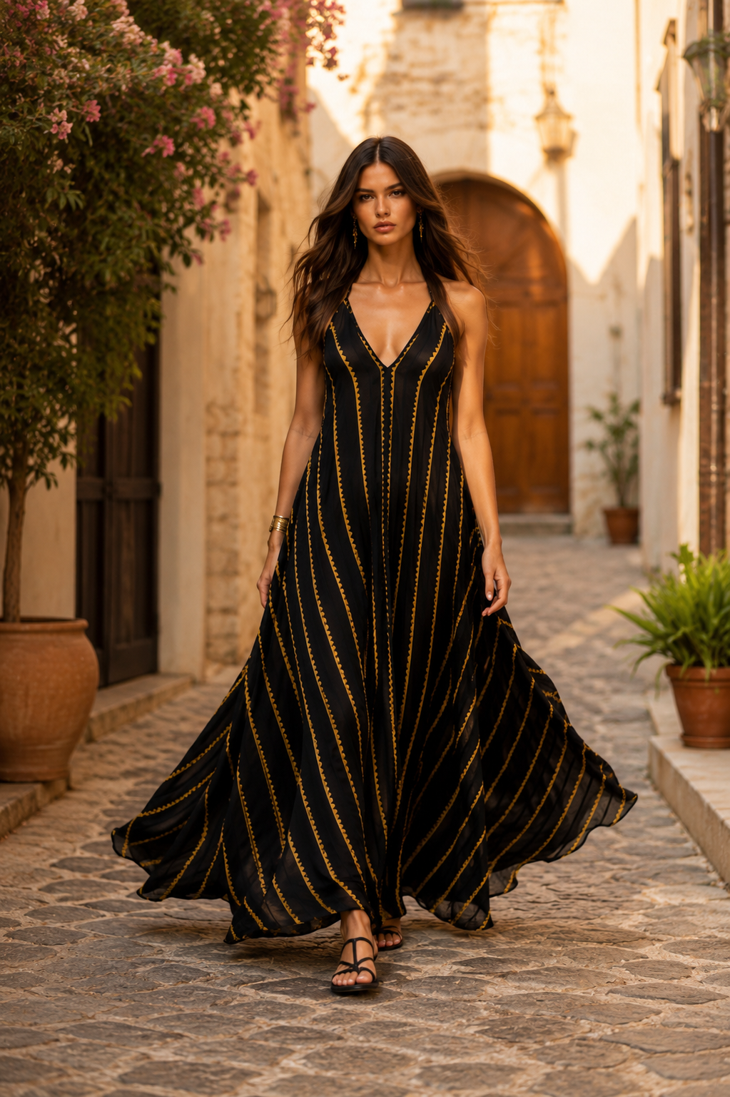 Vestido espalda descubierta negro dorado