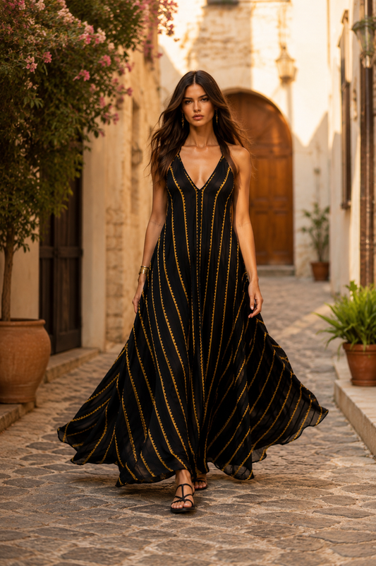 Vestido espalda descubierta negro dorado