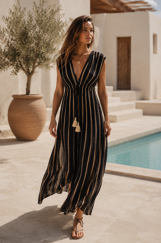 Vestido escote negro dorado