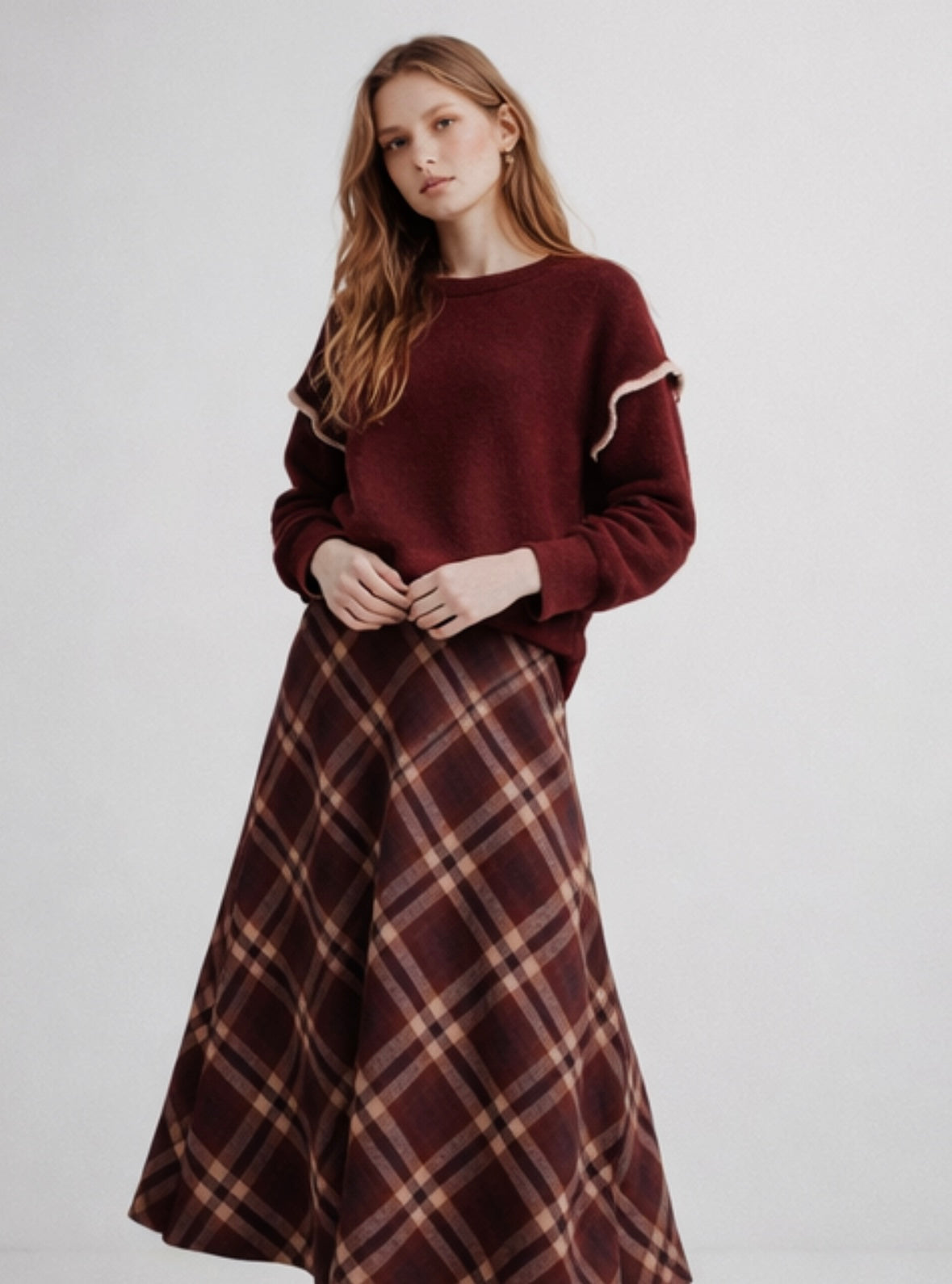 Falda midi de cuadros granate