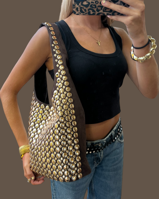 Bolso Maxi Tachuelas Plateadas - Marrón Chocolate