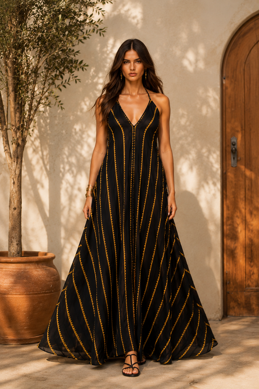 Vestido espalda descubierta negro dorado