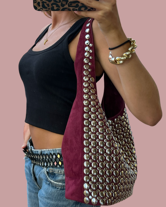 Bolso Maxi Tachuelas Plateadas - Burdeos