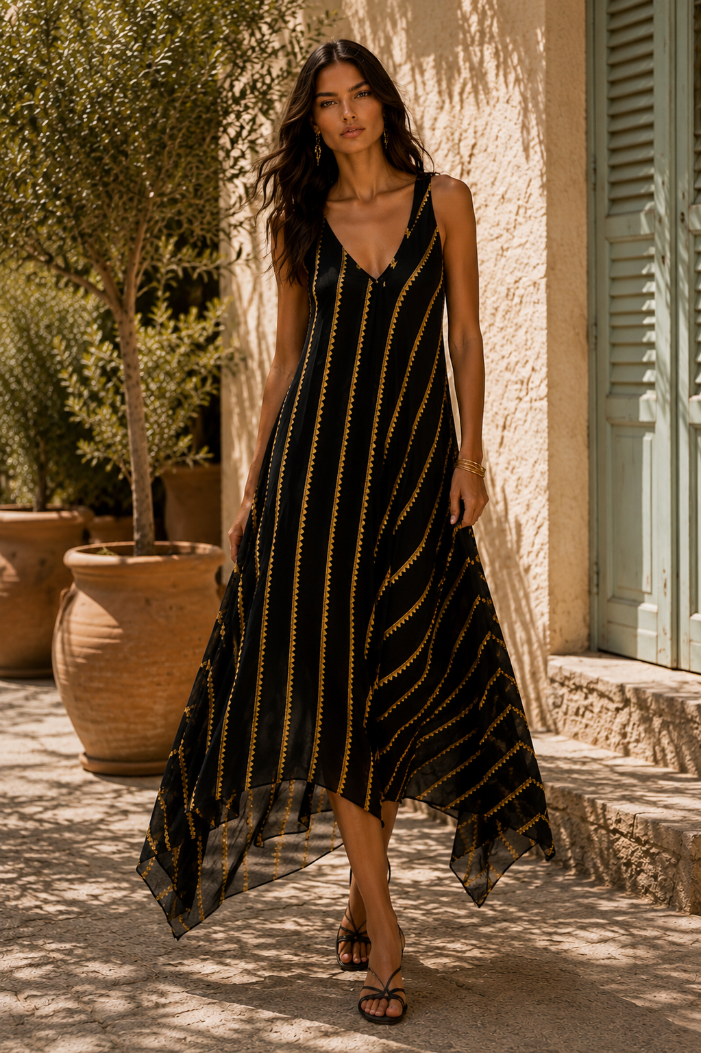 Vestido largo negro dorado