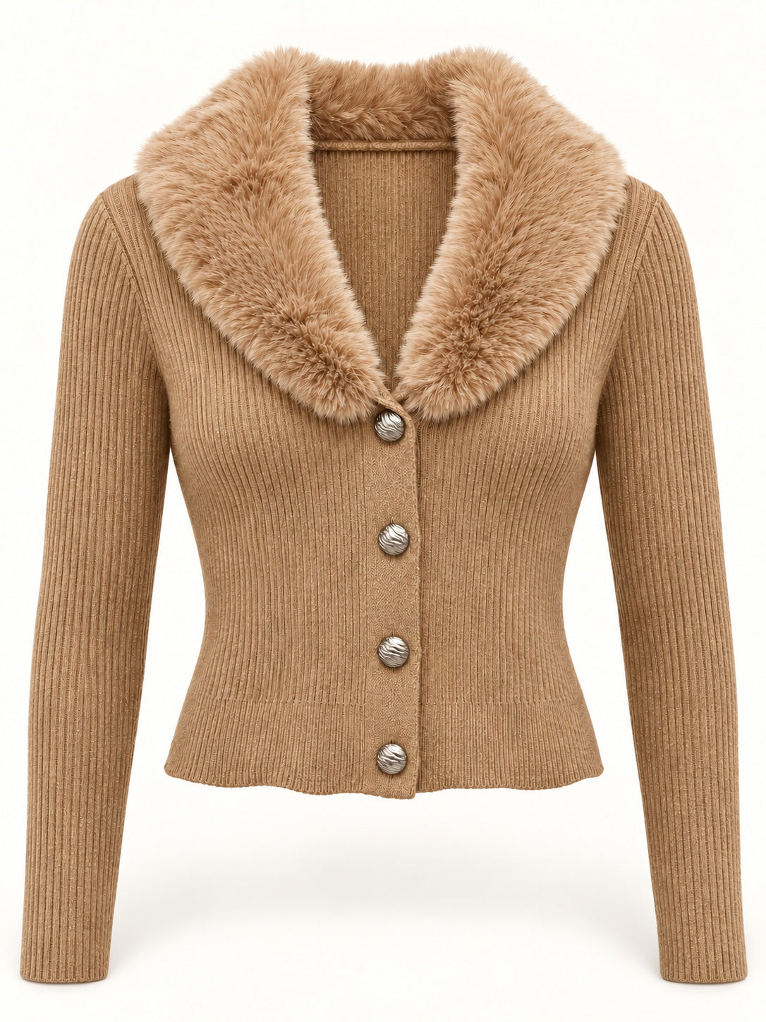 Cárdigan de canalé con cuello de pelo desmontable en color Camel, vista frontal