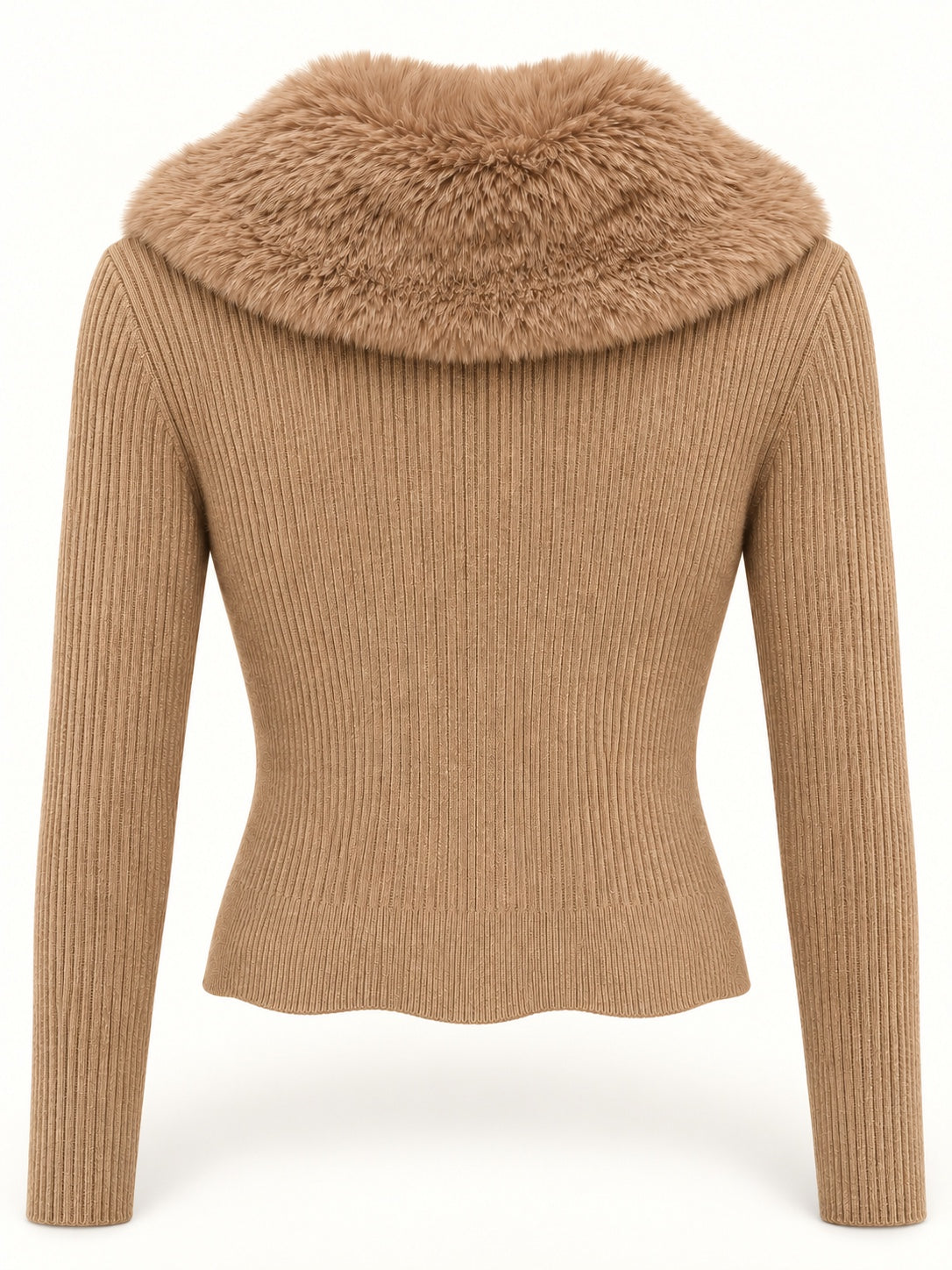 Cárdigan de canalé con cuello de pelo desmontable en color Camel, vista trasera