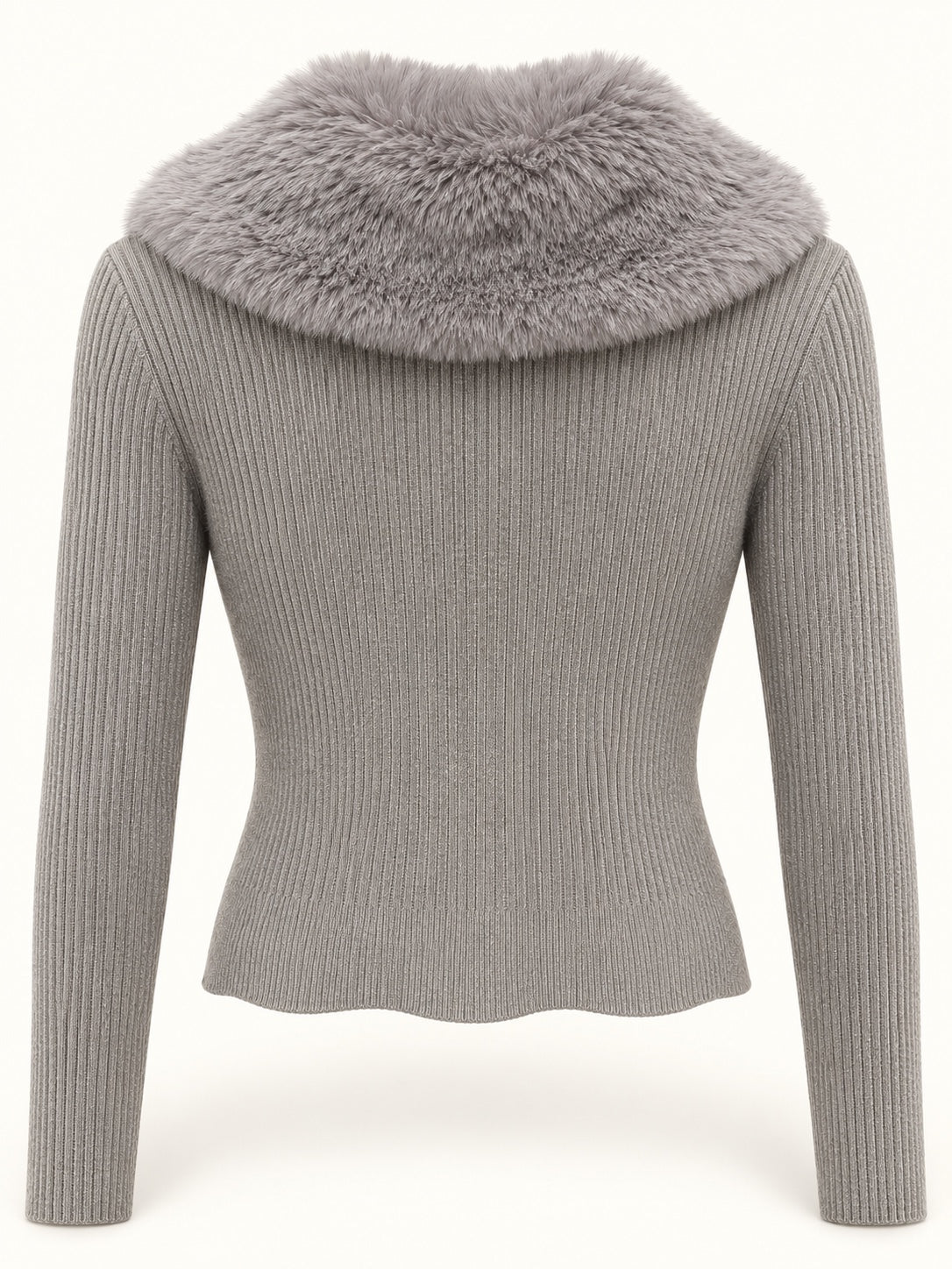 Cárdigan de canalé con cuello de pelo desmontable en color Gris, vista trasera