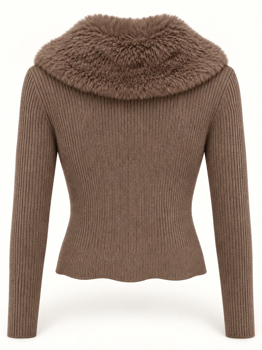 Cárdigan de canalé con cuello de pelo desmontable en color Moka, vista trasera