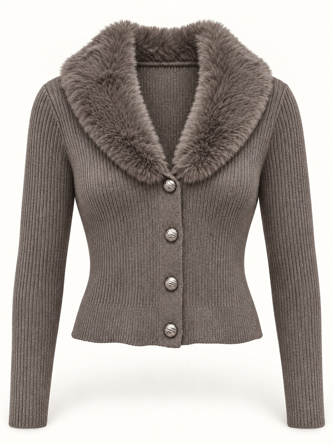 Cárdigan de canalé con cuello de pelo desmontable en color Taupe, vista frontal