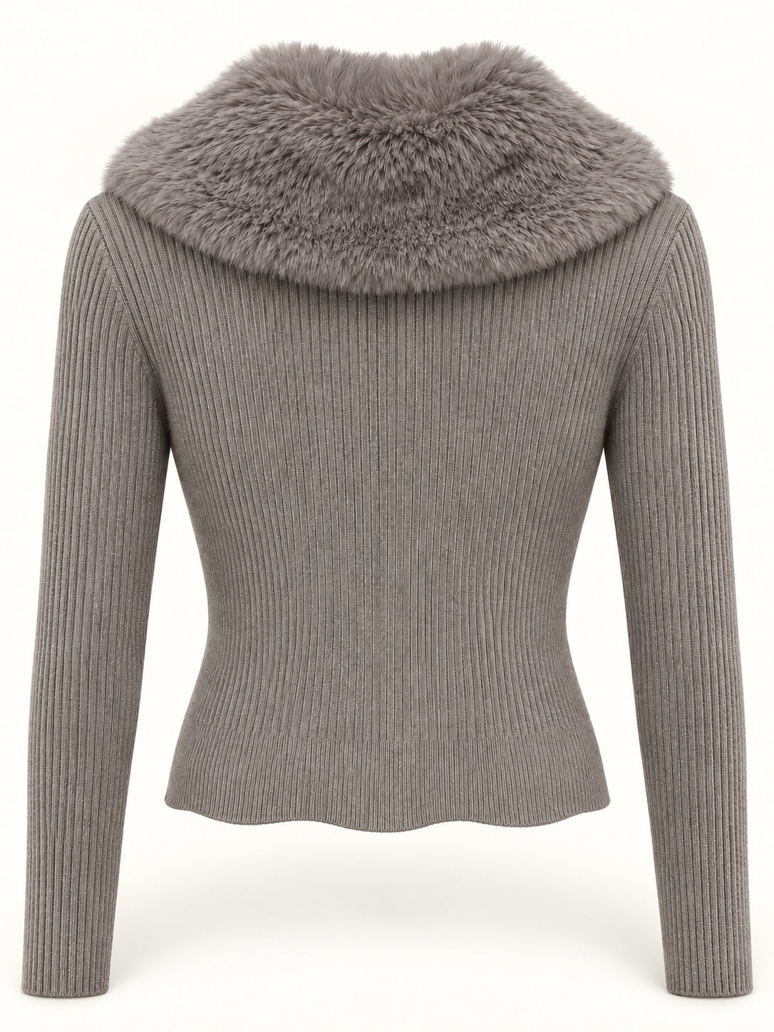 Cárdigan de canalé con cuello de pelo desmontable en color Taupe, vista trasera