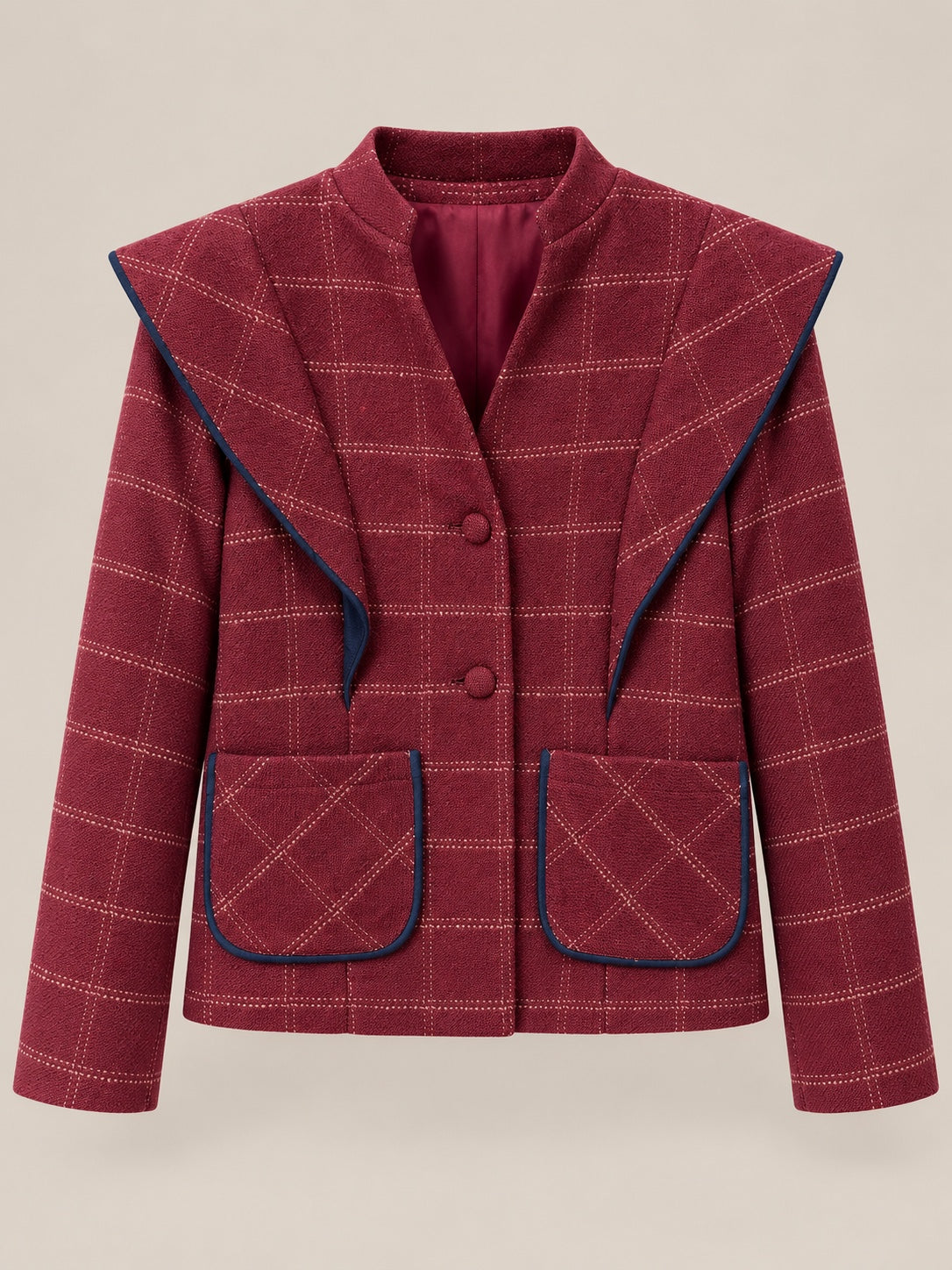 Chaqueta burdeos de cuadros con ribetes azul marino — frontal