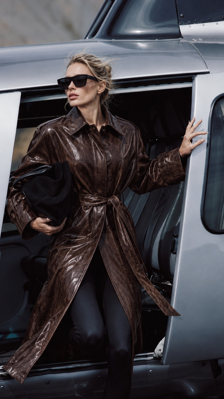 Modelo con gabardina larga efecto piel chocolate