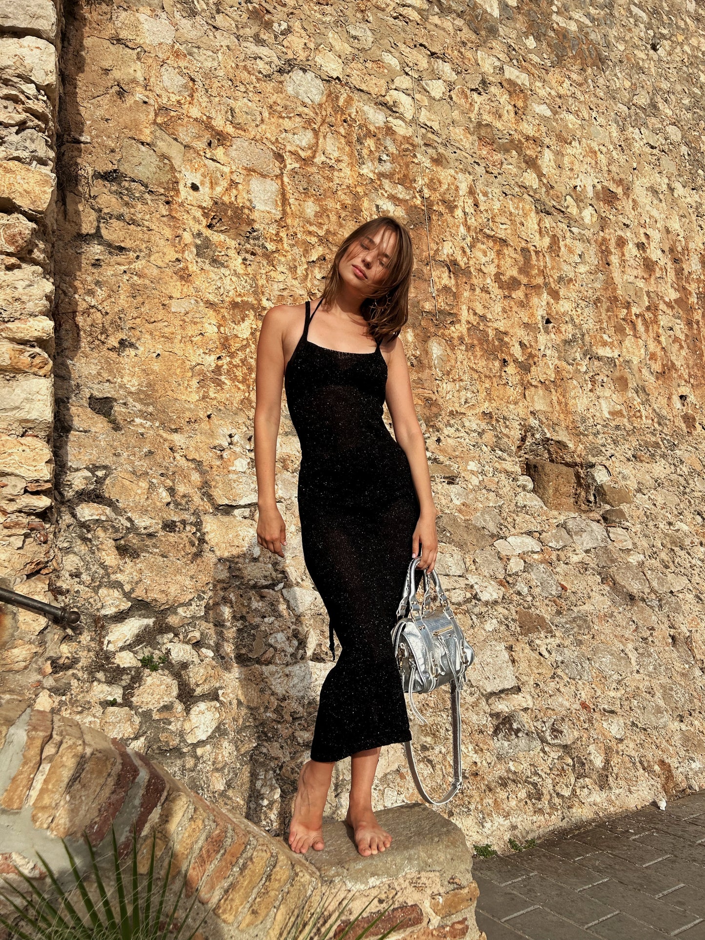 Vestido midi negro lurex