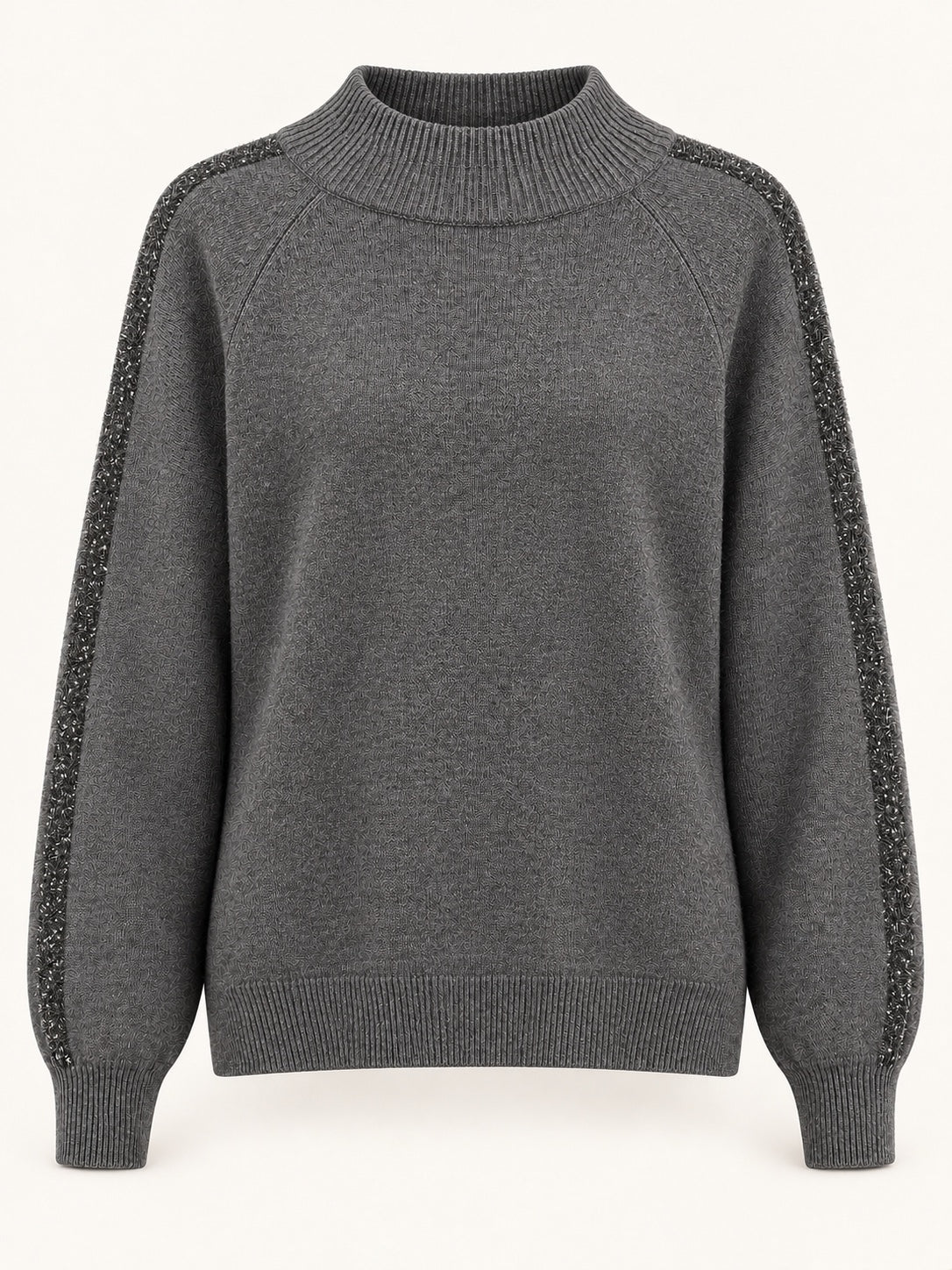 Jersey gris de cuello alto con raya brillante, vista frontal
