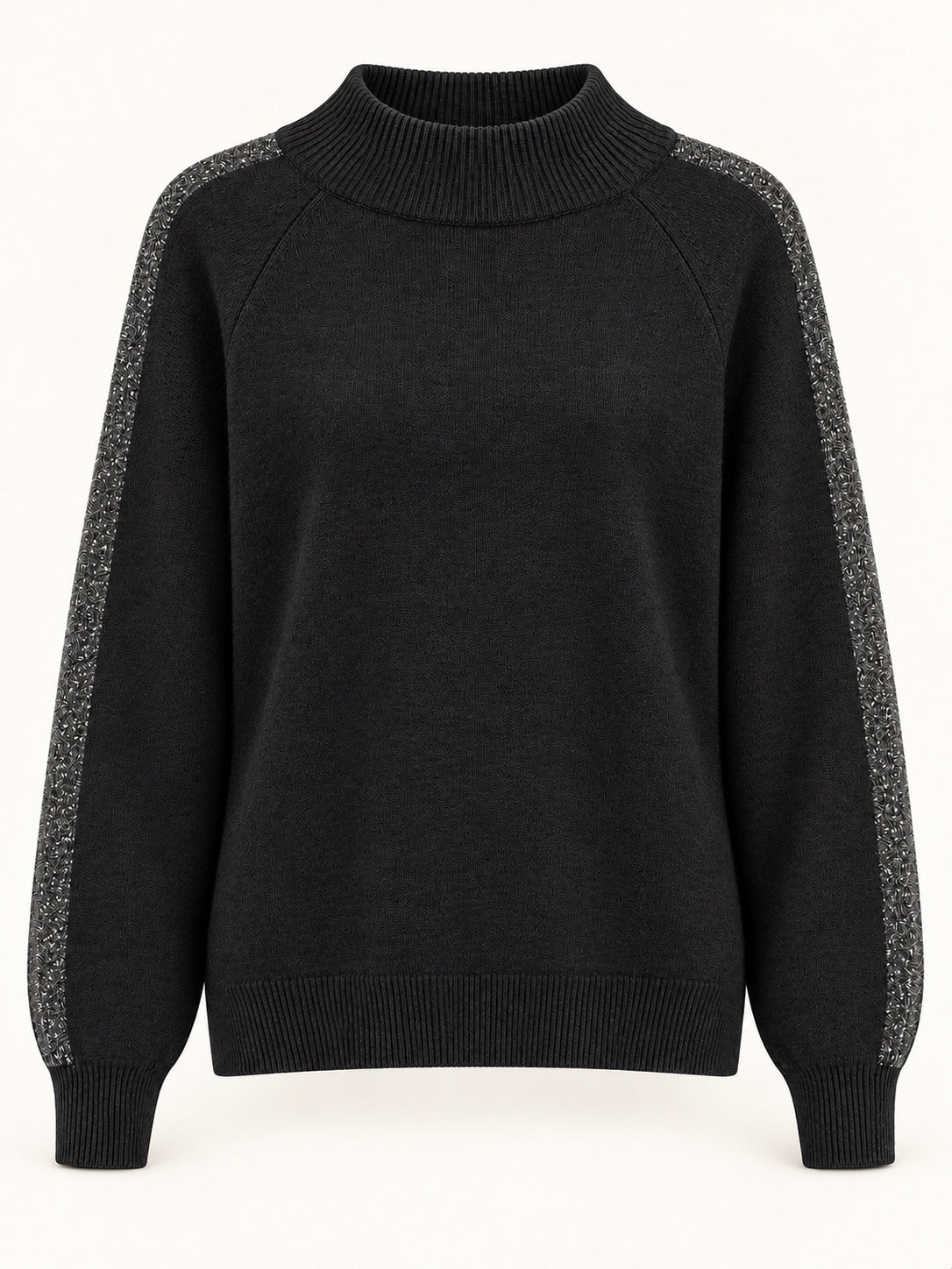 Jersey negro de cuello alto con raya brillante, vista frontal
