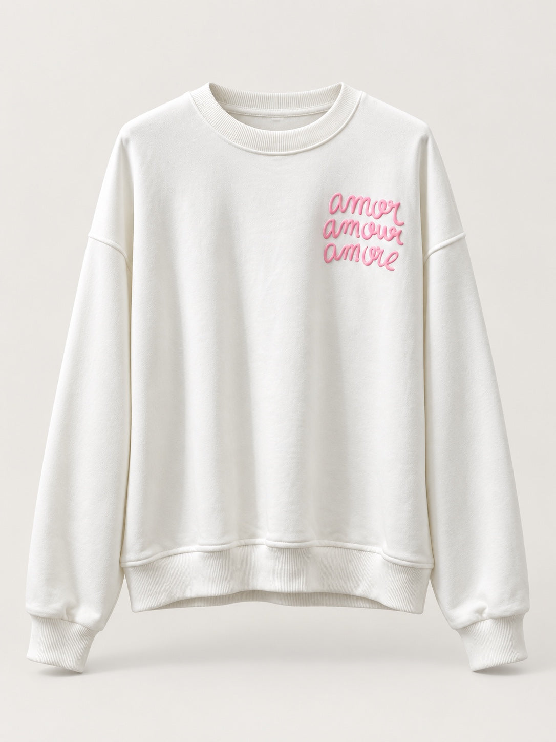 Sudadera Amore blanco roto de mujer con letras en relieve, producto frente