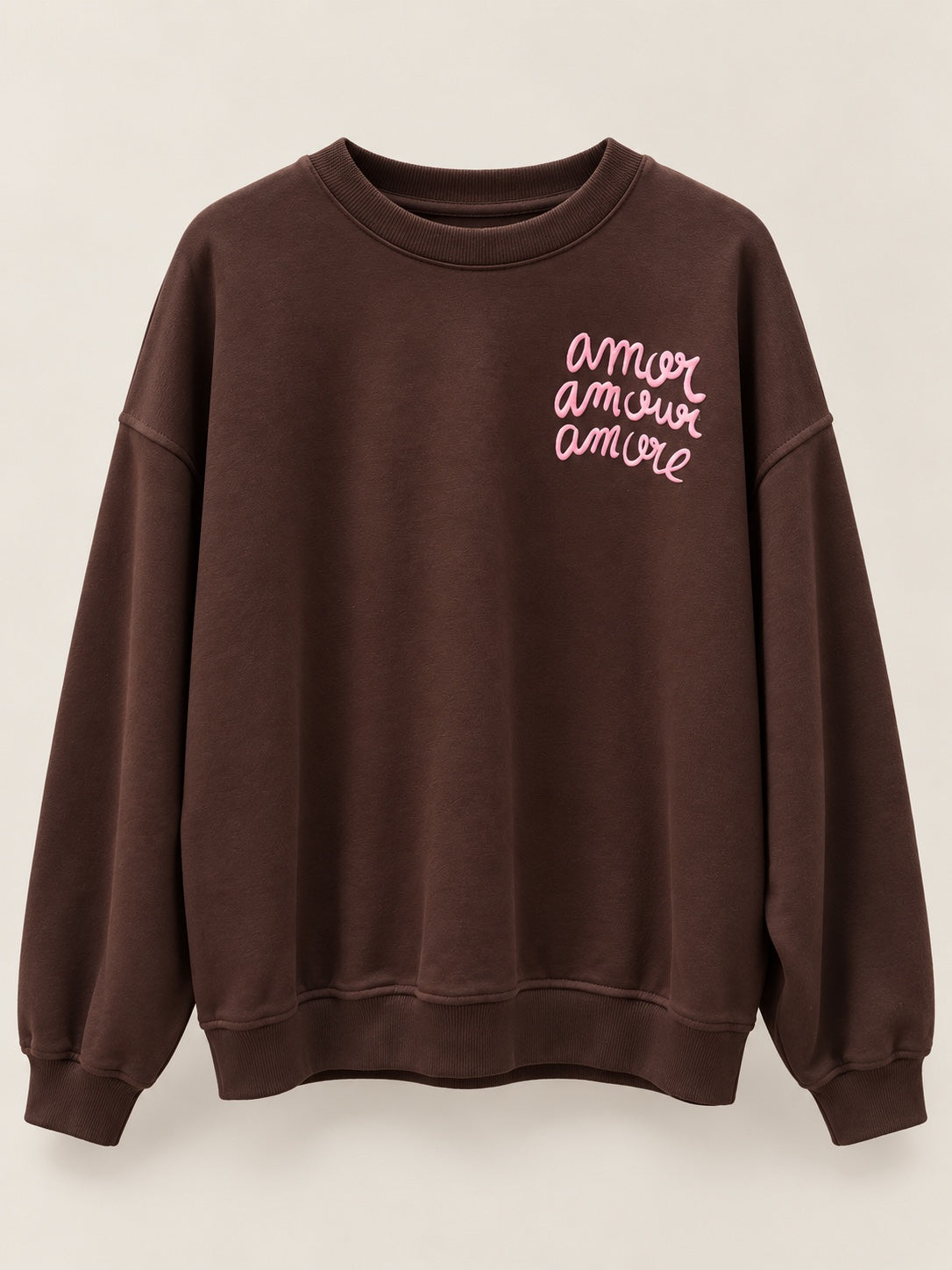 Sudadera Amore chocolate de mujer con letras en relieve, producto frente