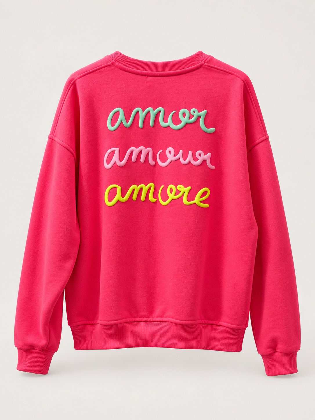 Sudadera Amore fucsia de mujer con letras en relieve, producto espalda