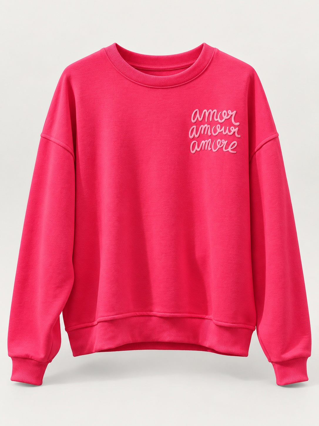 Sudadera Amore fucsia de mujer con letras en relieve, producto frente