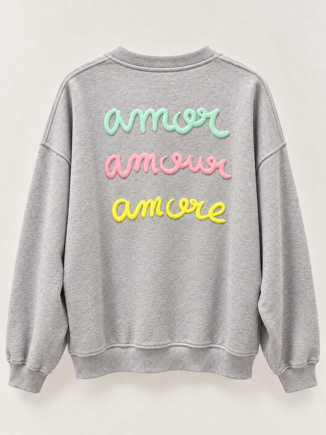 Sudadera Amore gris jaspeado de mujer con letras en relieve, producto espalda