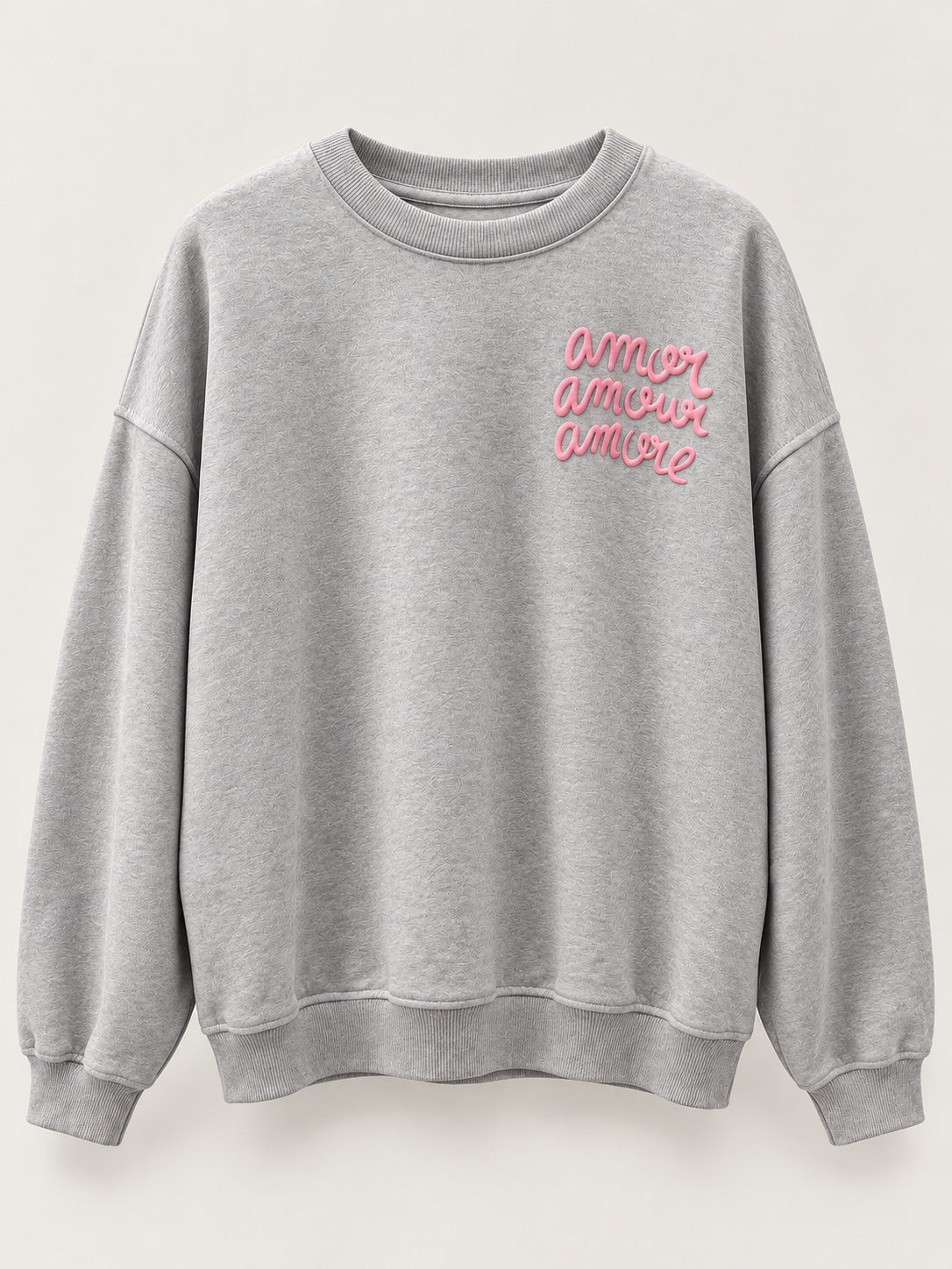 Sudadera Amore gris jaspeado de mujer con letras en relieve, producto frente