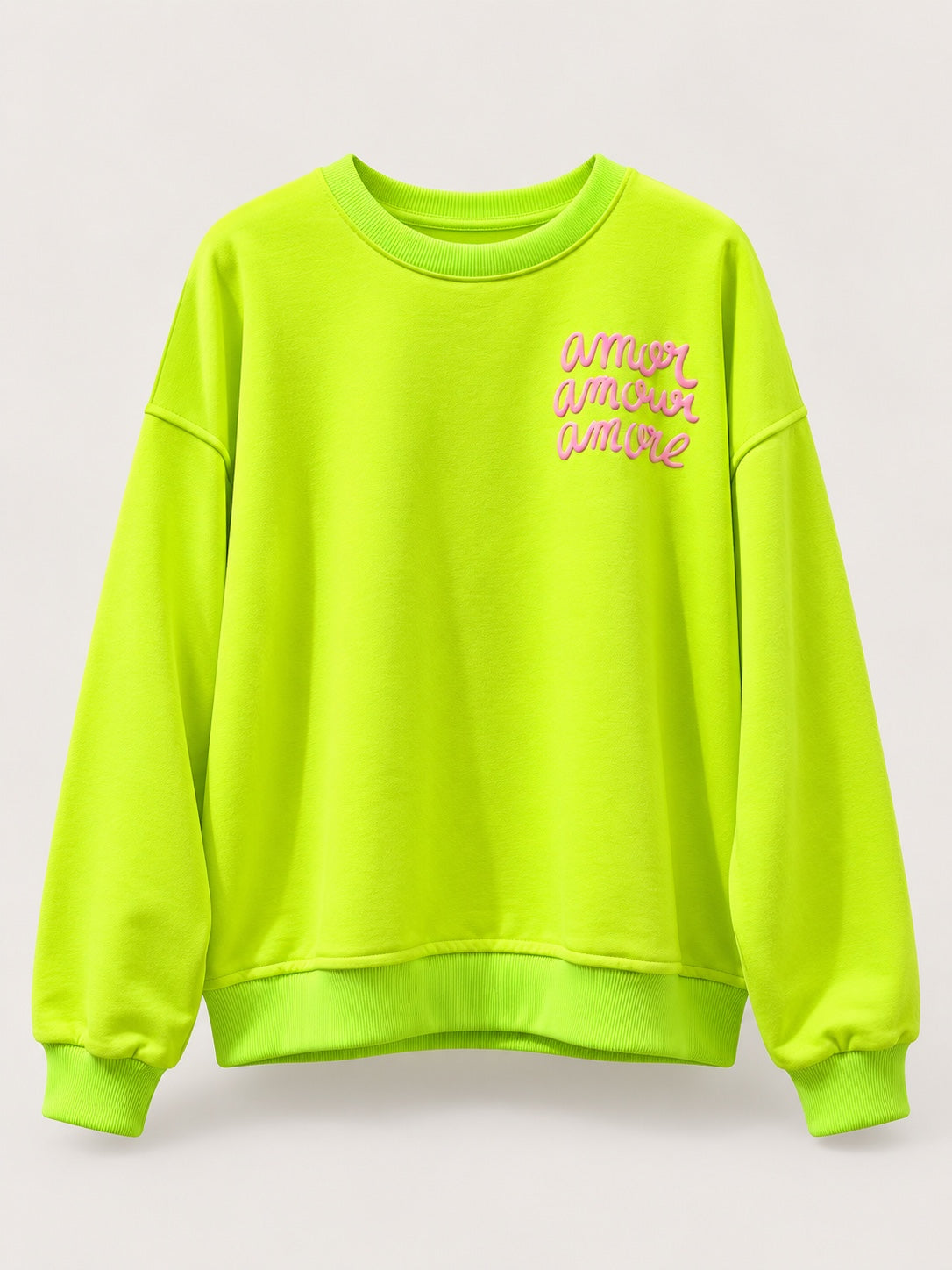 Sudadera Amore lima flúor de mujer con letras en relieve, producto frente