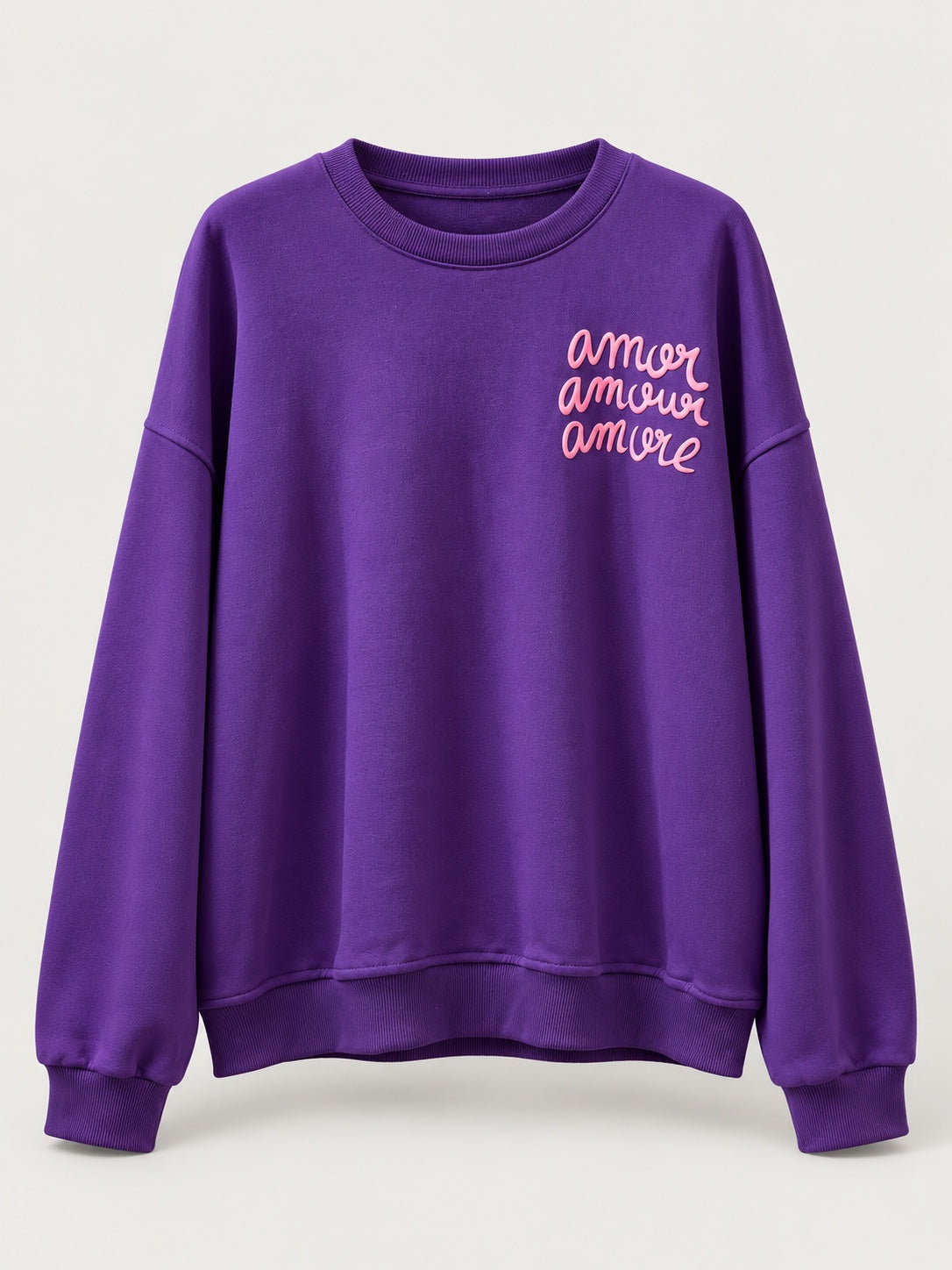 Sudadera Amore morado de mujer con letras en relieve, producto frente