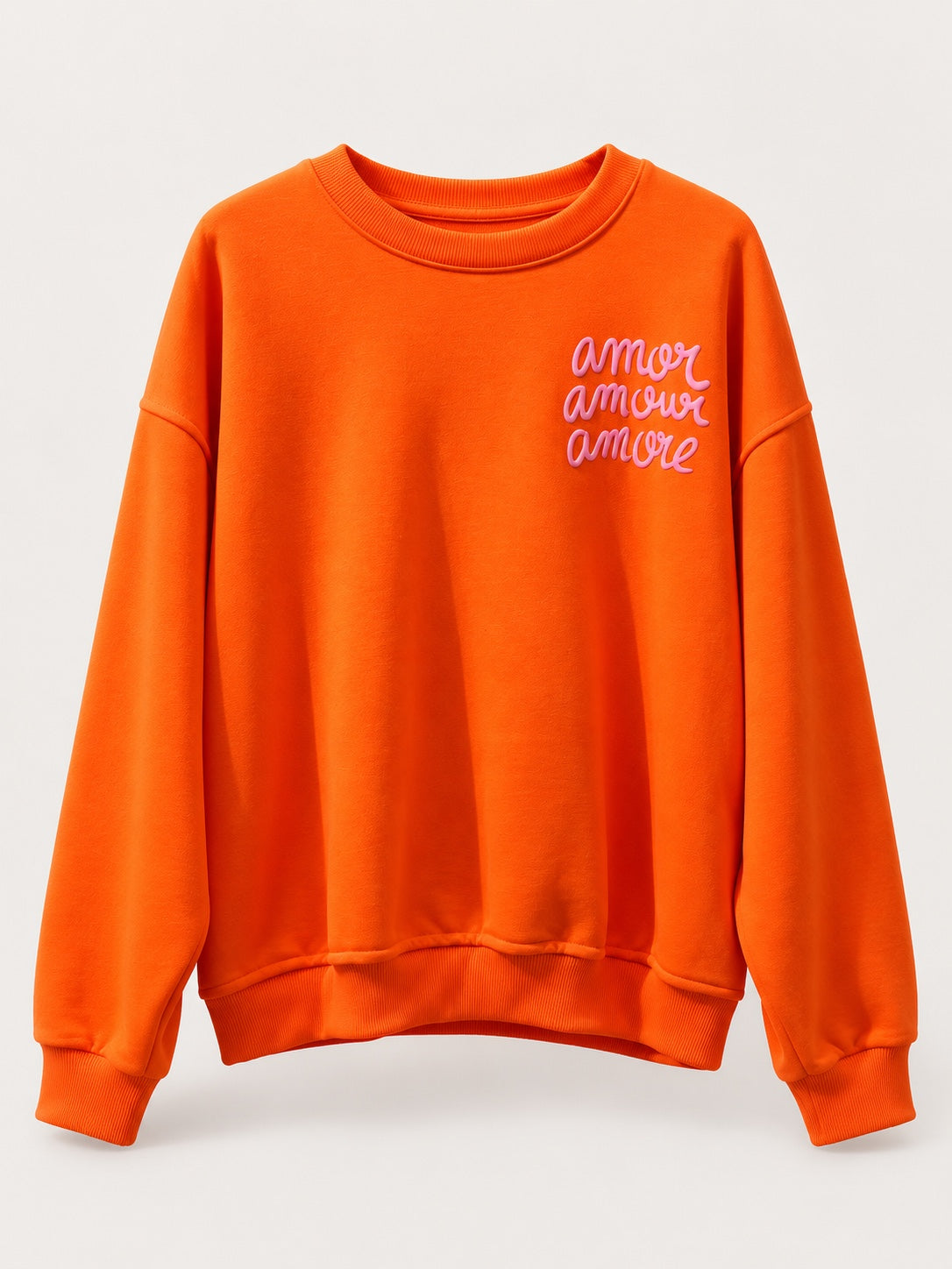 Sudadera Amore naranja de mujer con letras en relieve, producto frente