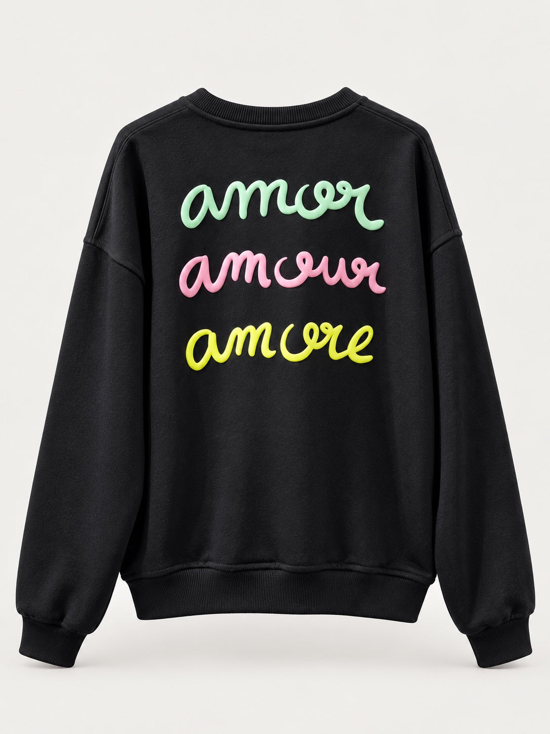 Sudadera Amore negro de mujer con letras en relieve, producto espalda