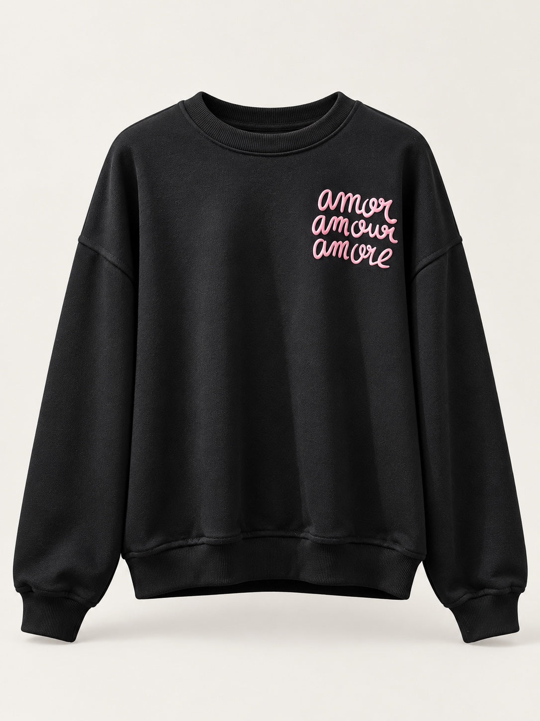 Sudadera Amore negro de mujer con letras en relieve, producto frente