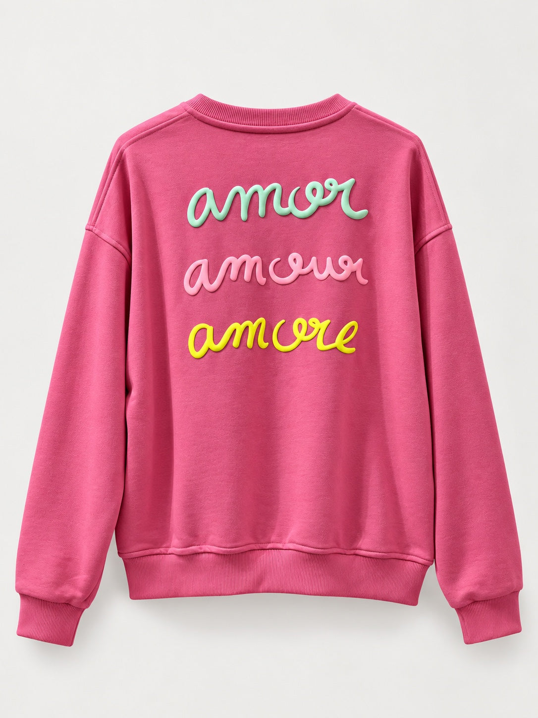 Sudadera Amore rosa de mujer con letras en relieve, producto espalda