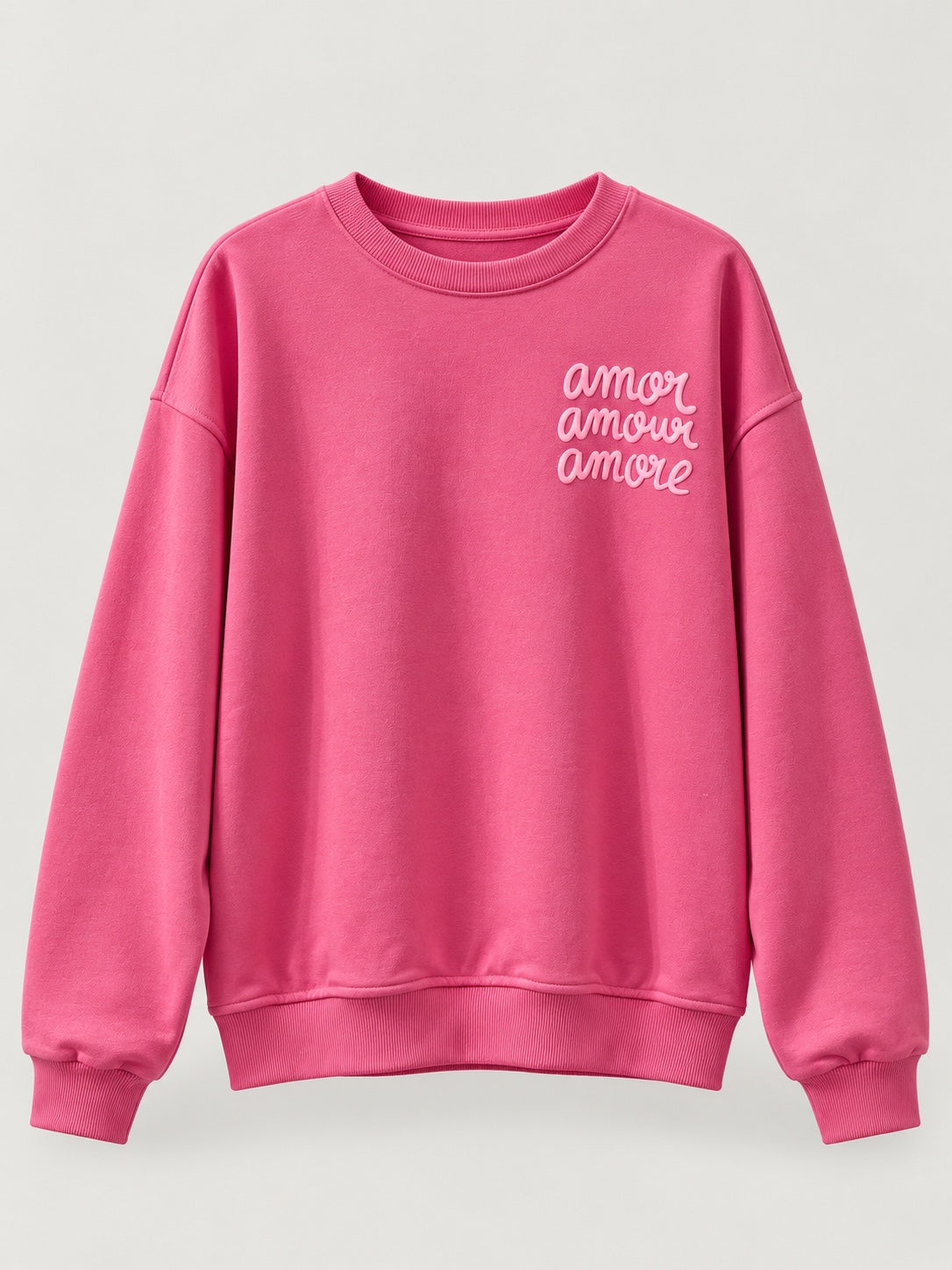 Sudadera Amore rosa de mujer con letras en relieve, producto frente
