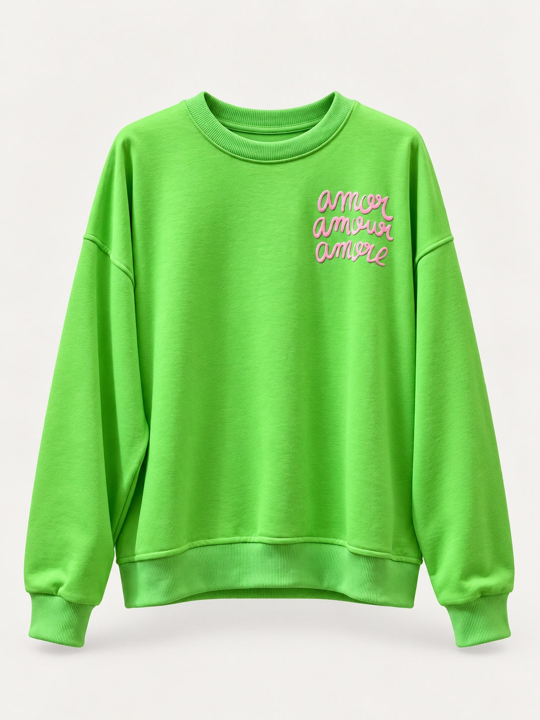 Sudadera Amore verde flúor de mujer con letras en relieve, producto frente