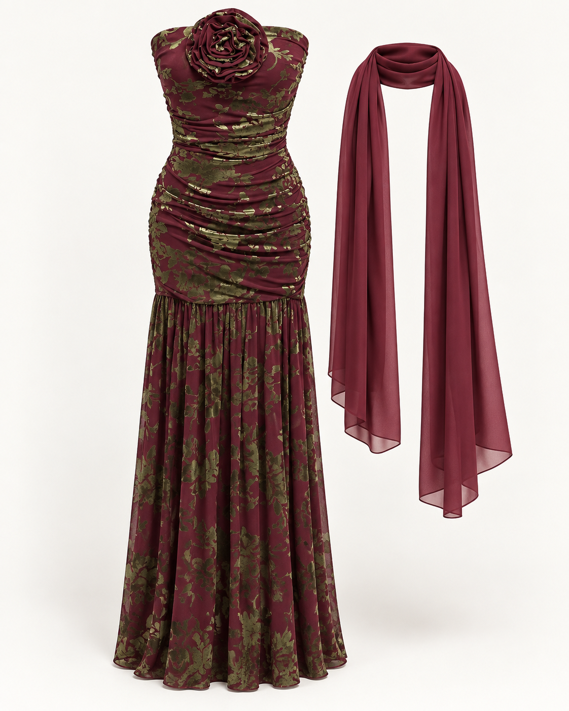Vestido Fiore burdeos con motivos oliva, broche floral y pañuelo separado