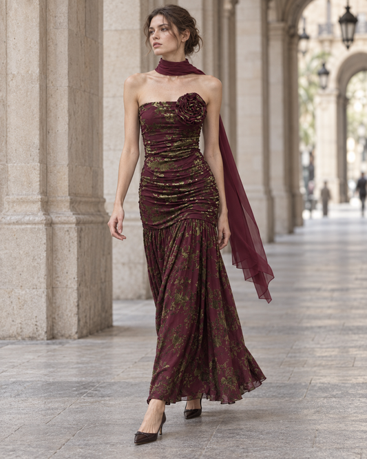 Vestido Fiore con modelo, pañuelo al cuello y broche en el escote