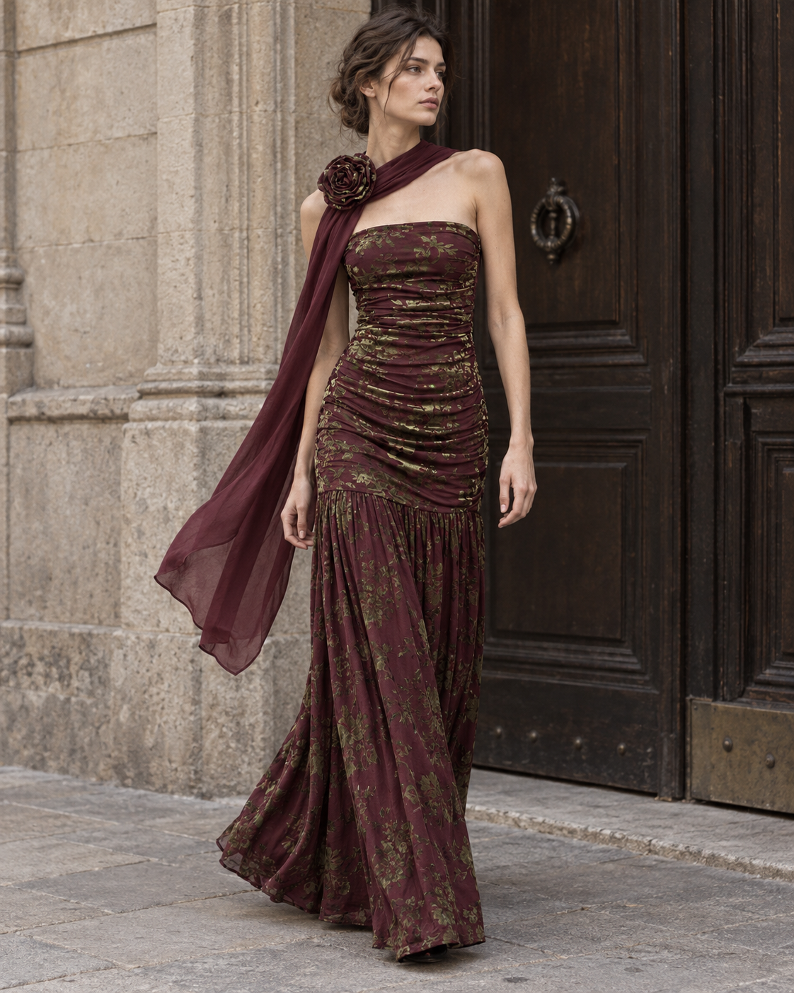 Vestido Fiore con broche sobre el pañuelo